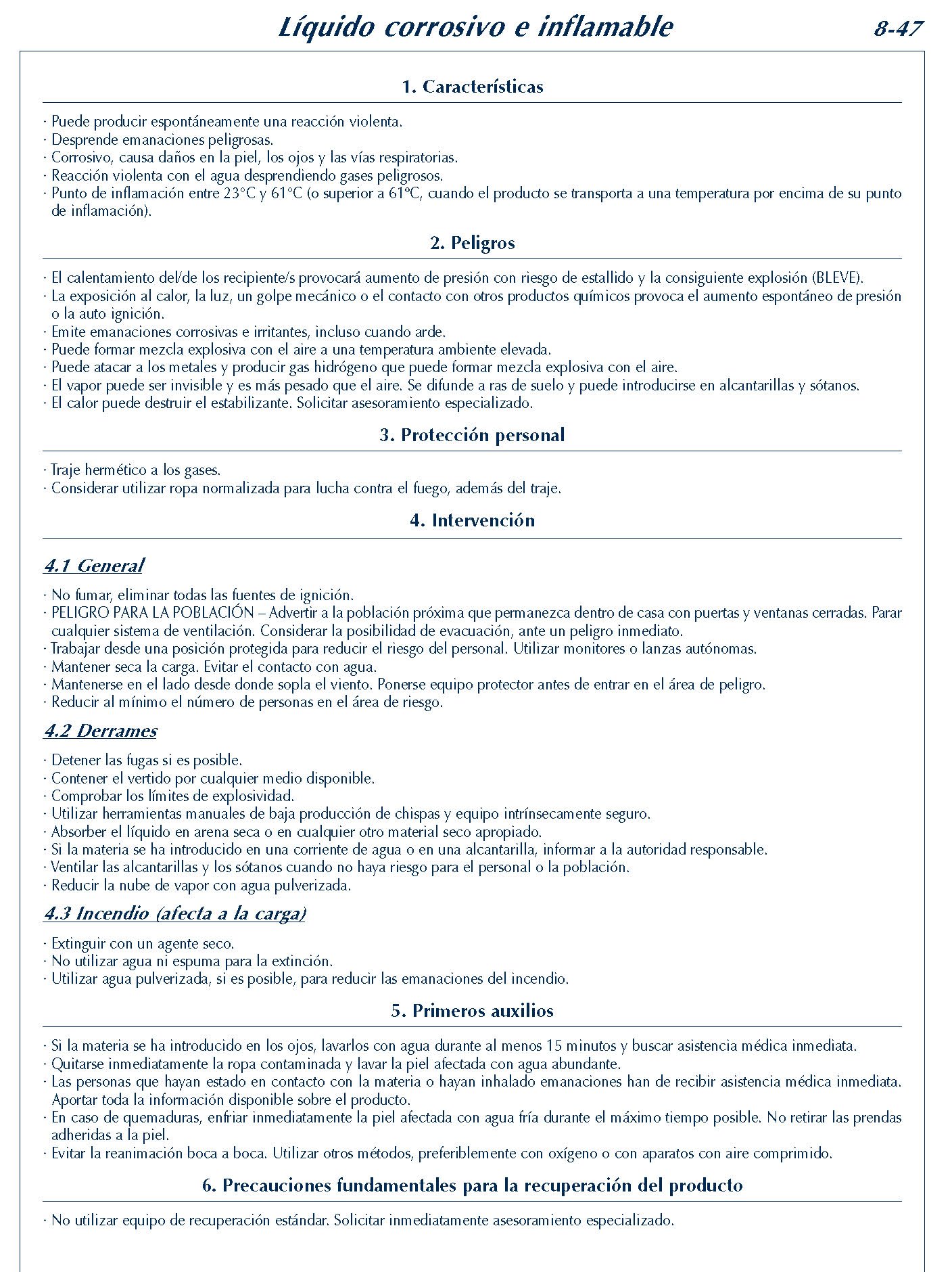 347 FICHA 8-47 LIQUIDO CORROSIVO INFLAMABLE FICHAS EMERGENCIA